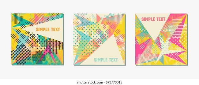Set of vector blanks for postcards or banners. Illustration with pop art background. Composition of dots, lines and spots, triangles and sharp corners. Pleasant colors for the decoration of cards.