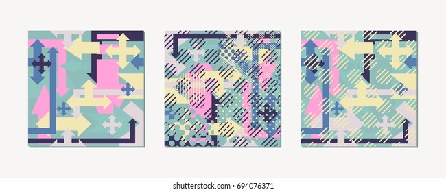 Set of vector blanks for postcards or banners. Illustration with pop art background. Composition of dots, lines and spots, large and small arrows. Pleasant colors for the decoration of cards.