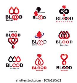 Set of vector blood donation conceptual illustrations. Hematology theme, medical treatment designs for use in pharmacy.