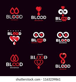 Set of vector blood donation conceptual illustrations. Hematology theme, medical treatment designs for use in pharmacy.