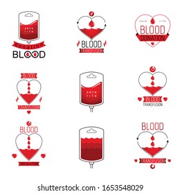 Set of vector blood donation conceptual illustrations. Hematology theme, medical treatment designs for use in pharmacy.