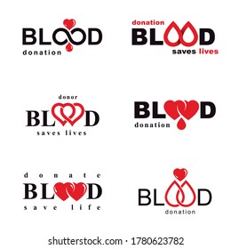 Set of vector blood donation conceptual illustrations. Hematology theme, medical treatment designs for use in pharmacy.