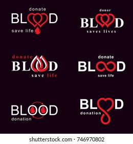 Set of vector blood donation conceptual illustrations. Hematology theme, medical treatment designs for use in pharmacy.
