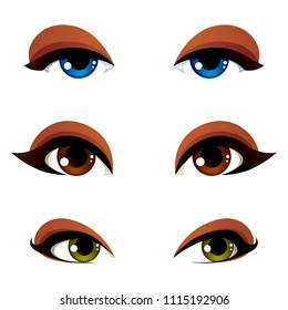 Set of vector blue, brown and green eyes. Female eyes expressing different emotions, face features of seducing women.