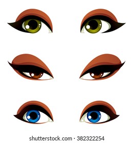 Set of vector blue, brown and green eyes. Female eyes expressing different emotions, face features of seducing women.
