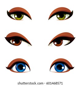 Set of vector blue, brown and green eyes. Female eyes expressing different emotions, face features of seducing women.