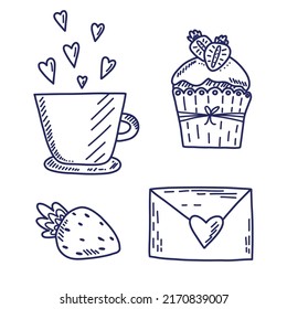 Set of vector blue doodle elements about love with hearts. Happy Valentine's Day background