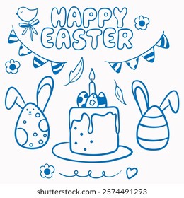 Set of vector blue doodle elements for Easter: feather, Easter cake, lettering, flags, eggs with ears