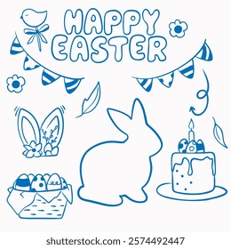 Set of vector blue doodle elements for Easter: feather, Easter cake, lettering, flags, bunny ears with flowers, hare outline