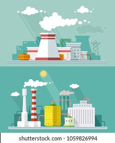 Set vector blue factory pollution icons drawn simple line art info graphic, presentation with Nuclear Power Plant, smoke, environment and energy elements around promo template, flat style illustration