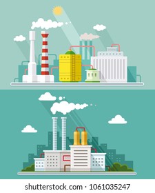 Set vector blue factory pollution icons drawn simple line art info graphic, presentation with Nuclear Power Plant, smoke, environment and energy elements around promo template, flat style illustration