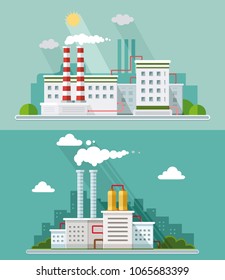 Set vector blue factory pollution icons drawn simple line art info graphic, presentation with Nuclear Power Plant, smoke, environment and energy elements around promo template, flat style illustration