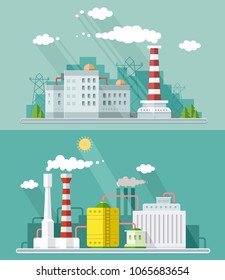 Set vector blue factory pollution icons drawn simple line art info graphic, presentation with Nuclear Power Plant, smoke, environment and energy elements around promo template, flat style illustration