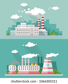 Set vector blue factory pollution icons drawn simple line art info graphic, presentation with Nuclear Power Plant, smoke, environment and energy elements around promo template, flat style illustration