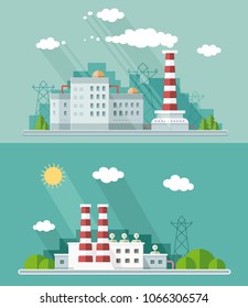 Set vector blue factory pollution icons drawn simple line art info graphic, presentation with Nuclear Power Plant, smoke, environment and energy elements around promo template, flat style illustration