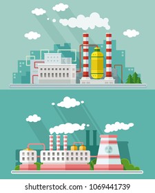 Set vector blue factory pollution icons drawn simple line art info graphic, presentation with Nuclear Power Plant, smoke, environment and energy elements around promo template, flat style illustration