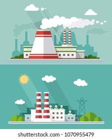 Set vector blue factory pollution icons drawn simple line art info graphic, presentation with Nuclear Power Plant, smoke, environment and energy elements around promo template, flat style illustration