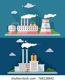 Set vector blue factory pollution icons drawn simple line art info graphic, presentation with Nuclear Power Plant, smoke, environment and energy elements around promo template, flat style illustration