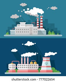 Set vector blue factory pollution icons drawn simple line art info graphic, presentation with Nuclear Power Plant, smoke, environment and energy elements around promo template, flat style illustration