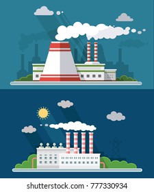 Set vector blue factory pollution icons drawn simple line art info graphic, presentation with Nuclear Power Plant, smoke, environment and energy elements around promo template, flat style illustration