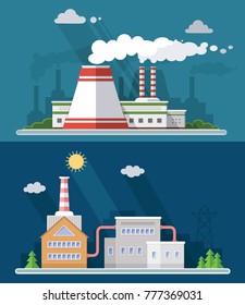 Set vector blue factory pollution icons drawn simple line art info graphic, presentation with Nuclear Power Plant, smoke, environment and energy elements around promo template, flat style illustration