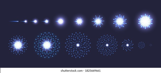 Set vector of blue fireworks explode effect on dark blue background. Collection of firecracker light for animation, game, anniversary, New year, festive celebration, carnival. Vector illustration.