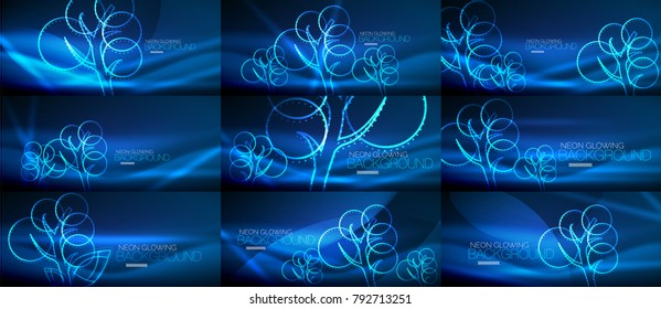 Set of vector blue geometric neon tree backgrounds