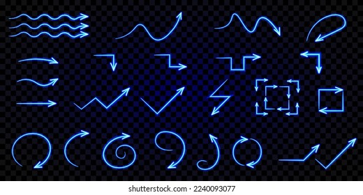 Set of vector blue glowing neon arrows. Luminous direction indicators. Light effect. Infographic design elements. Isolated on transparent background.