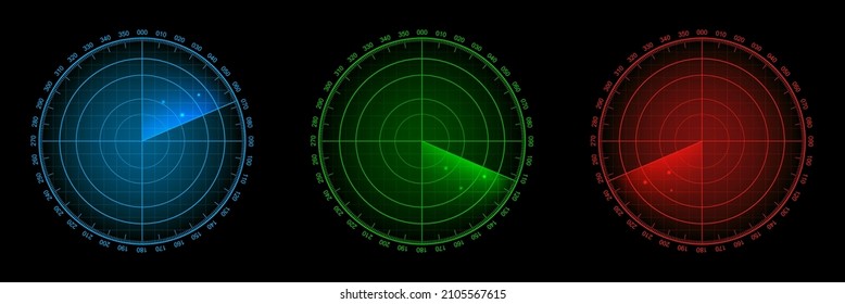 Set of vector blue, green and red radar screen. Military search system in action with targets. Technology HUD design.