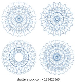 Set of vector blue guilloche rosettes certificate or diplomas, decorative elements