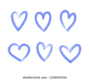 Set vector blue hearts isolated on white background. Hand drawn hearts painted with brush. Grunge rough brush stroke. Decorative design element. Eps 10.