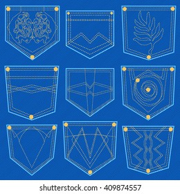 Set of vector blue jeans pockets. Denim design collection. 