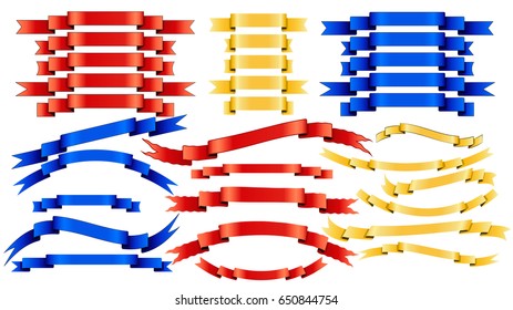 Set of vector blue red golden silk ribbons on white background. Banner shapes sticker, label and decoration collection.