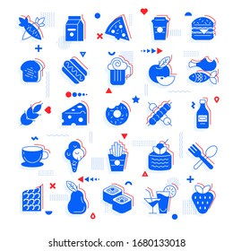 Set of vector blue and red icons of food and dessert for cafe, restaurant and food delivery. Icons set in memphis style of vegetables, fruits, drinks, fast food, bakery, dish and desserts isolated