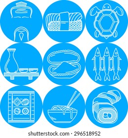 Set of vector blue round icons with white line abstract elements of japanese and seafood menu on white background.