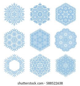 Set of vector blue snowflakes. Fine winter ornament. Snowflakes collection. Snowflakes for backgrounds and designs