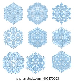 Set of vector blue snowflakes. Fine winter ornament. Snowflakes collection. Snowflakes for backgrounds and designs