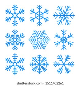 Set of vector blue snowflakes. Isolated icon on white background.