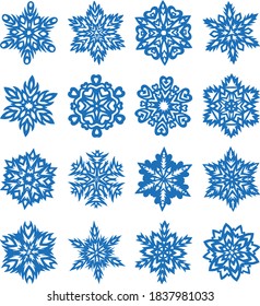 Conjunto de copos de nieve detallados y únicos de azul vectorial aislados en un fondo blanco.