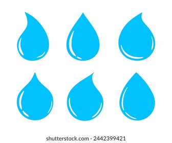 Set of vector blue water drop icons. Aqua drop or water droplet in flat style. Liquid blobs signs isolated on white background. Falling water or oil drops. Clear liquid shapes.Flat vector illustration