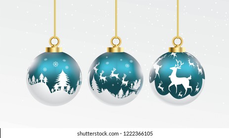 Set of vector blue and white christmas balls with ornaments. glossy collection isolated realistic decorations. Vector illustration on white background.