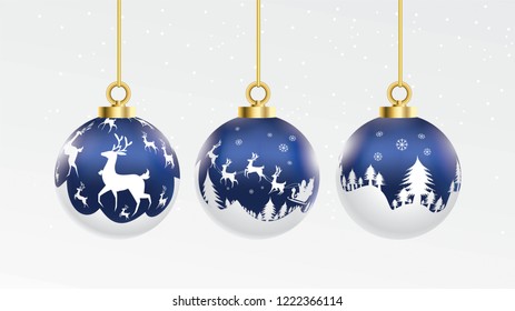 Set of vector blue and white christmas balls with ornaments. glossy collection isolated realistic decorations. Vector illustration on white background.