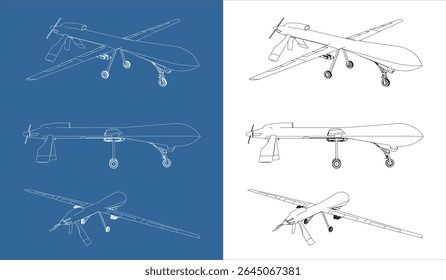 Set Vector blueprint UAV military drone line art draw wireframe isolated on blue and transparent background 