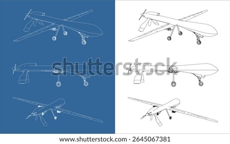 Set Vector blueprint UAV military drone line art draw wireframe isolated on blue and transparent background 