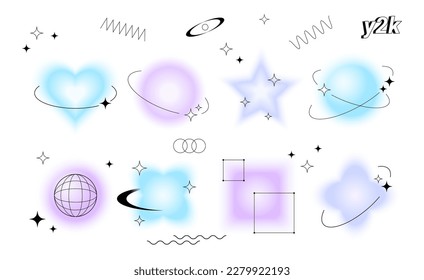 Set vector blurry figures   shapes and retro Y2K frames and stars   square technological borders 
