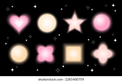 Set vector blurry figures   shapes and retro Y2K stars black background 