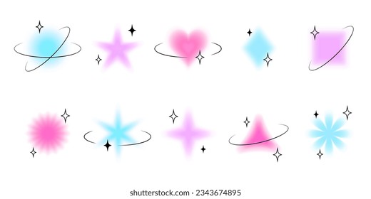 Set of vector blurry figures and shapes with retro Y2K frames with stars and square technological borders.