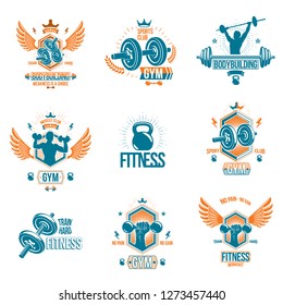 Set of vector bodybuilding theme emblems and advertising posters composed using dumbbells, barbells, kettle bells sport equipment and athlete perfect shapes.