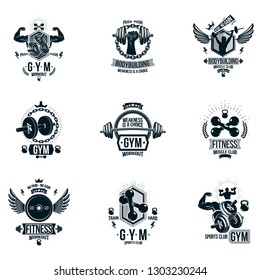 Set of vector bodybuilding theme emblems and advertising posters composed using dumbbells, barbells, kettle bells sport equipment and athlete perfect shapes.