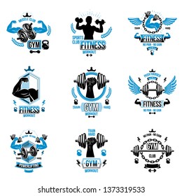 Set of vector bodybuilding theme emblems and advertising posters composed using dumbbells, barbells, kettle bells sport equipment and athlete perfect shapes.